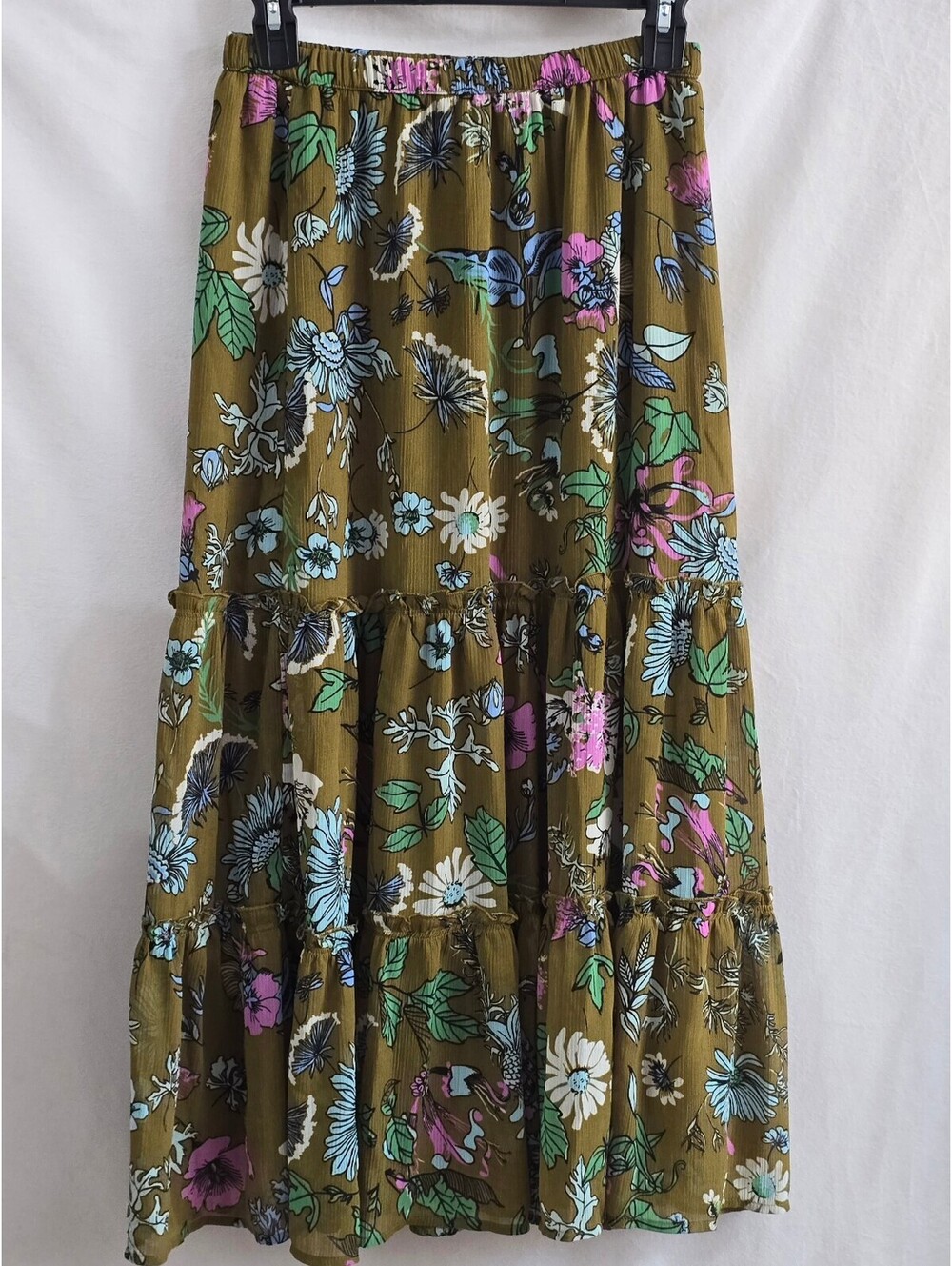 Bohemian Floral Midi Skirt with Ruffle Detail size XS